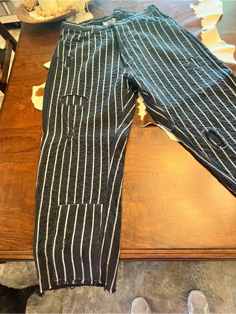 Magnolia Pearl Striped Casual Pants - Black with Tan Pinstripes